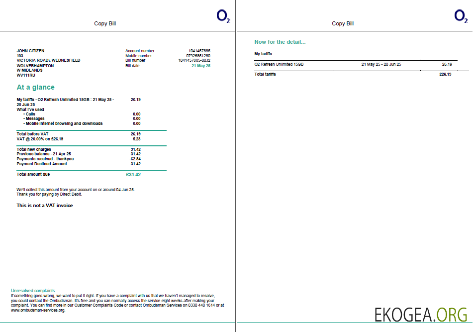 USA O2 utility bill template in Word and PDF formats, 2 pages, version 2